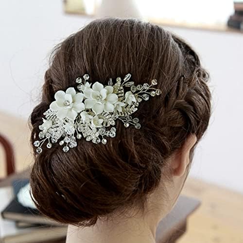 Sooshin Bridal Hair Comb Porcelain Flower Wedding Hair Accessories for Brides Crystal Wedding Headpiece for Bride and Bridesmaids Rhinestone Hair Accessory for Women and Girls (silver-B)