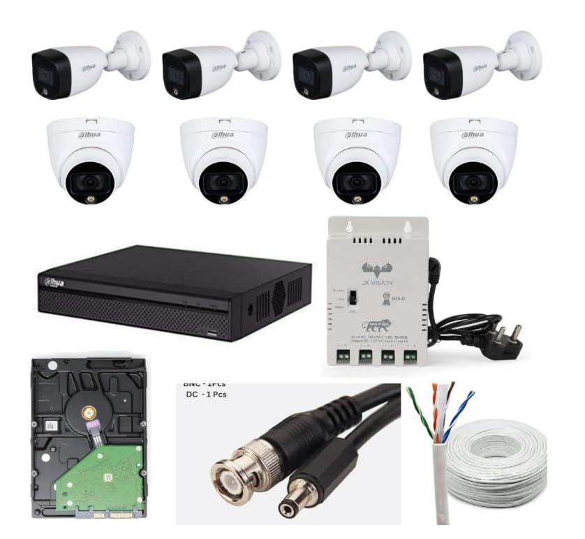 Dahua 2MP with Color HD with Audio CCTV Camera Full Set, 4 Bullet, 4 Dome, 8 Channel DVR, 8 Channel JK Vision Power Supply, 1TB Hard Disk, 90 Meter Cable, BNC/DC Connector