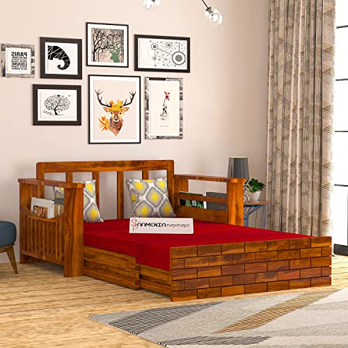 Image of Mamta Furniture Solid Sheesham Wooden 2 Seater Sofa Cum Bed with Storage for Living Room Furniture - Honey Finish
