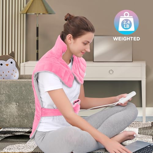 Image of Comfytemp Heating Pad for Back, Neck Shoulder Weighted Design for Snug Fit, 22 inchx33 inch FSA Eligible Electric Wearable Throw, 2H Auto-Off, HSA Large Heated Wrap, Machine Washable, Pink
