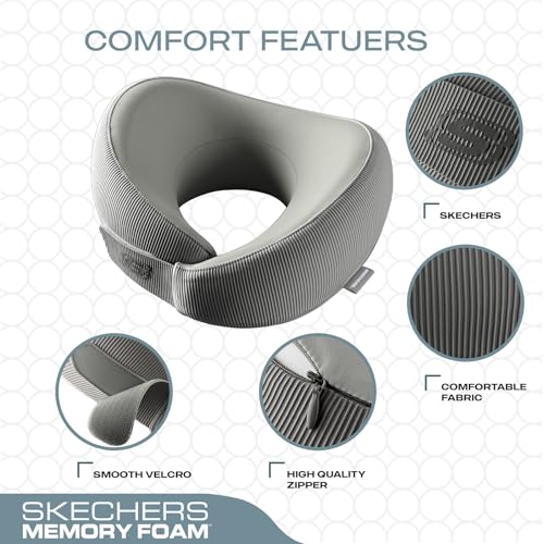 Image of Skechers Men's Memory Foam Neck Pillow, Comfortable & Breathable Travel Pillow,Neck Pillow Airplane for Travel, Car Rides, Home, and Office Use, Ergonomic Design for Men and Women,Grey