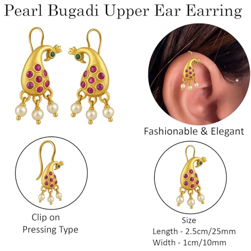 Image of VAMA FASHIONS 18K Gold Plated Anti Tarnish Half Moon Peacock Shape Traditional Maharashtrian Press on Bugadi Upper Ear Clip on Earrings For Women & Girls