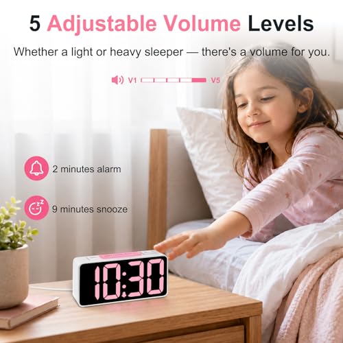 Image of DreamSky Small Digital Alarm Clock with Night Light for Kids Bedroom | RGB Desk Clock with Large Numbers for Teens Boys, Brightness Dimmer, Adjustable Alarm Volume, USB Port, USB-C Adapter Powered