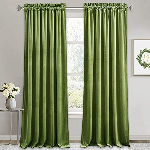 Image of RYB Home Velvet Curtains 96 inches- Room Darkening Curtains Super Soft Solid Thermal Insulated Window Drapes for Bedroom Living Room Holiday Fete, W 52 x L 96 inch, Olive, 1 Pair
