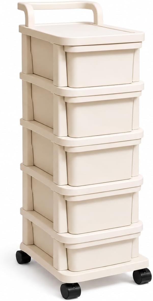 4/5 Tier Plastic Storage Trolley with Drawers – Mobile Home & Office Organizer Cabinet on Wheels for Clothes, Toys, Stationery & Kitchen Essentials (Neutral, 5 Tier)