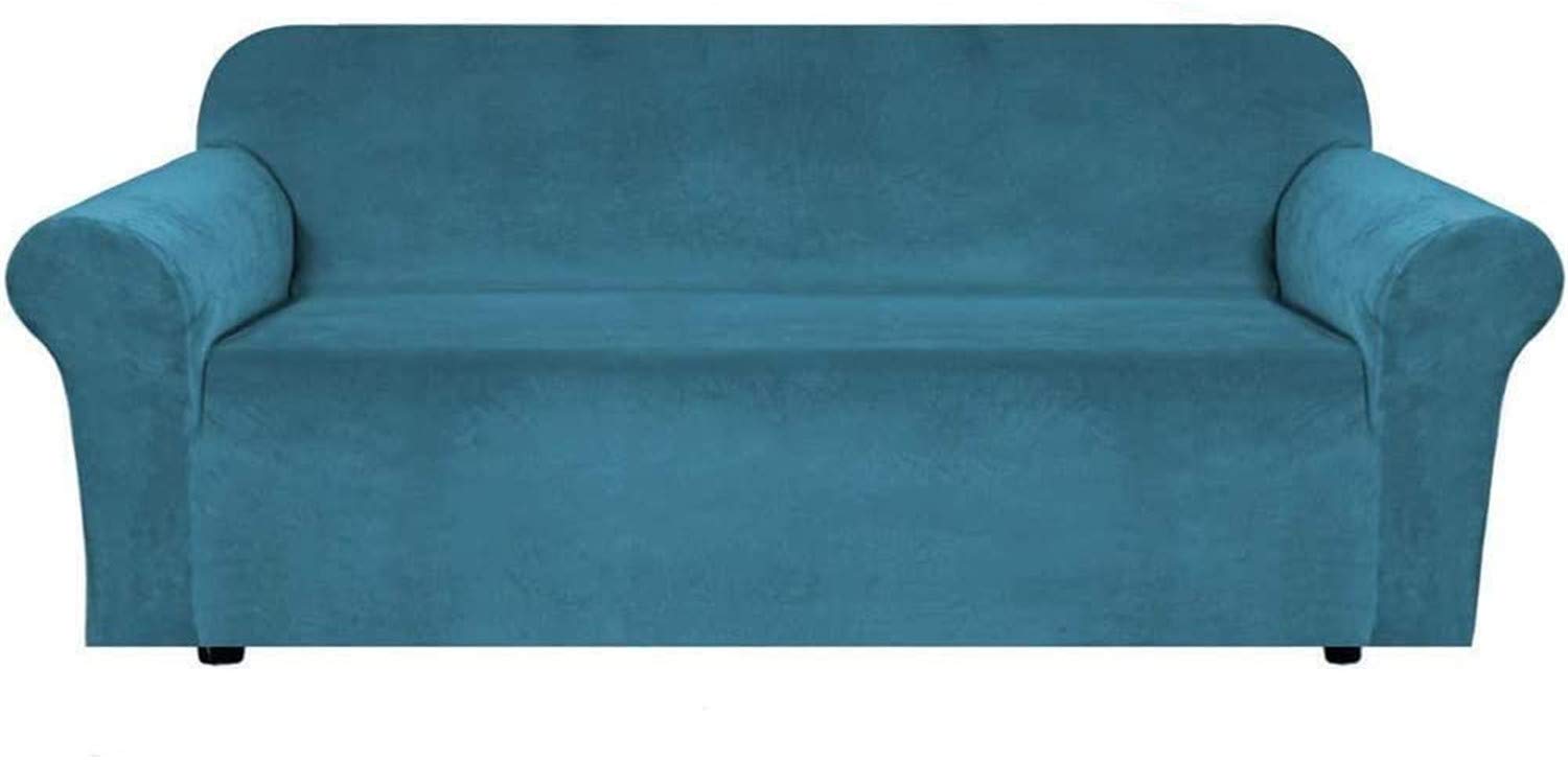 Housse de canapé extensible velours bleu paon antidérapante et douce