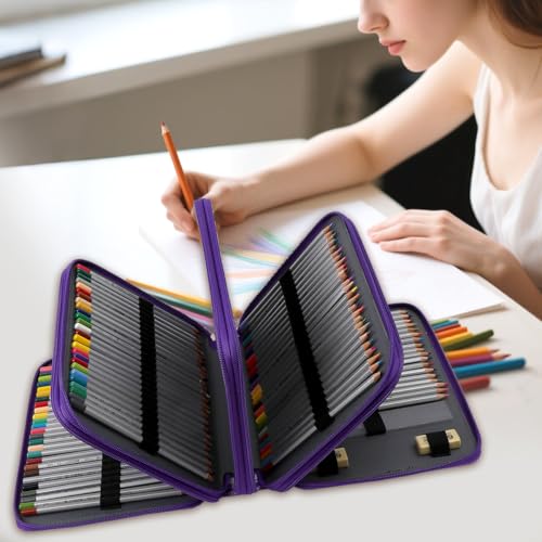 Image of Large Capacity Colored Pencil Case - 200 Slots PU leather with Zipper Closure Portable Organizer for Watercolor Pencils Ideal for Artists for Artists (Purple)
