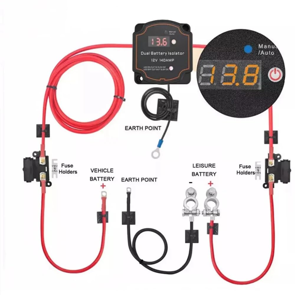 NEWFUN Kit Relè di Carica Divisa, Parallelatore Batteria 12v Camper, Kit Isolatore Doppia Batteria 12V 140A per Camper, Furgoni, Camion, SUV, RV, ATV, UTV, Barche (5M)