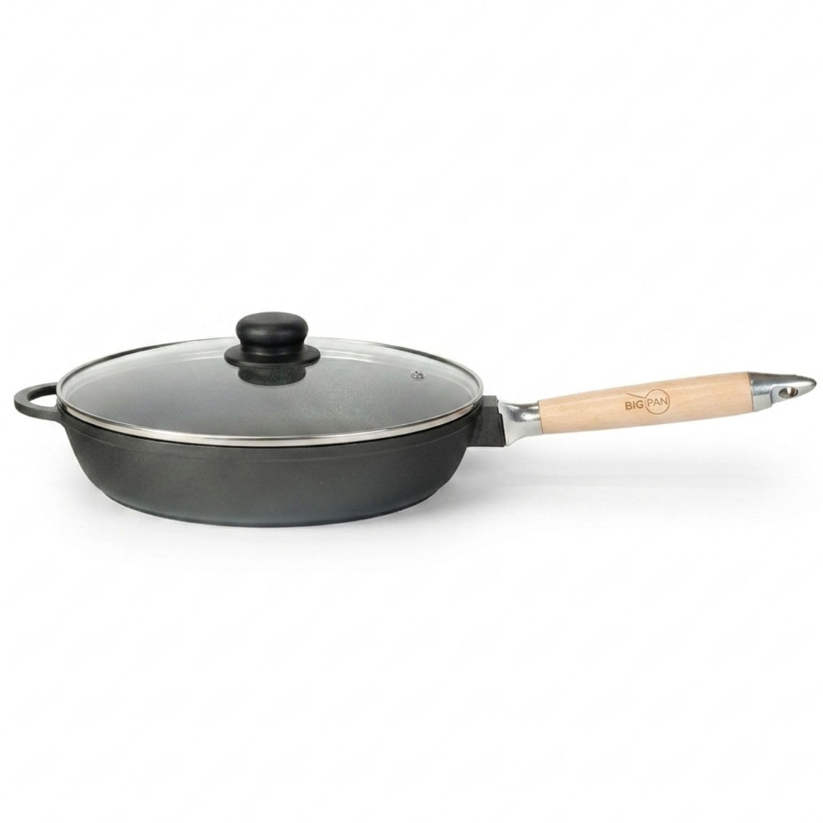 Gusseisenpfanne Ø28cm tief mit Glasdeckel abnehmbahrer Holzgriff Induktion | Hochwertige Bratpfanne aus Gusseisen unbeschichtet Eisenpfanne Eisenpfanne für alle Herdarten Grill und offenes Feuer