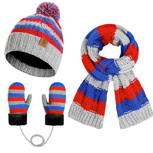 INSISMY Wintermütze Kinder mit Schal Handschuhe Set Beanie Mütze Warme Fleecefutter mit Bommel und Fäustlinge Kinder für Jungen Mädchen 3-8 Jahren Weihnachtsgeschenke