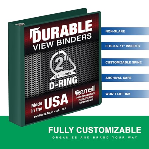 Image of Samsill Durable 2 Inch Binder, D Ring Binder, Customizable Clear View Cover, Forest Green, Holds 475 Pages