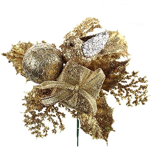 Larksilk Gold Glitter Christmas Tree Picks Decoration, 12 Picks Artificial Gold Flower Leaf with Gift Box, Bird, and Christmas Ball Ornament Decor, 12-Ct Cover