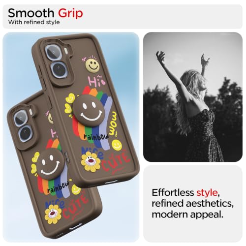Image of Pikkme Back Cover for Vivo T5 Pro 5G | Soft Silicone| Cute Rainbow Smile & 3D Cartoon Flower Design | Shockproof Raised Camera Protection Bumper Case (Brown)