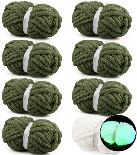 FOITLE Chunky Chenille Yarn for Hand Knitting Bulky Thick Fluffy Yarn for Crocheting Soft Plush Blanket Scarf DIY Glow in The Dark Yarn 8 Jumbo Pack (220 yds 64 oz) Olive Green