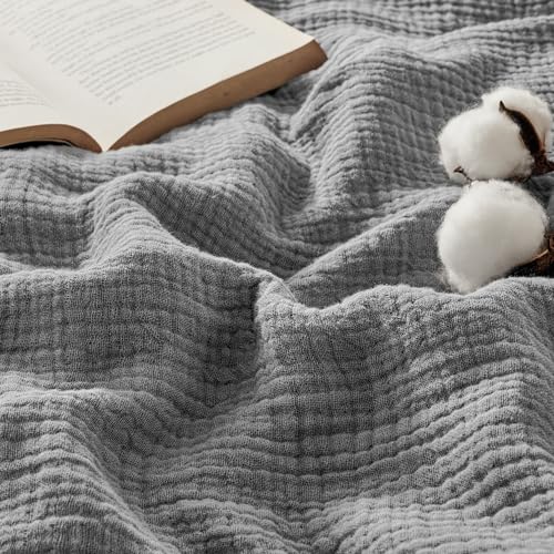 Bedsure 100% Cotton Muslin Throw Blanket Large 50x70 Inches - 4-Layer Breathable and Lightweight Thin Soft Summer Gauze Muslin Blankets for Adults, Grey, Boho Cotton Throw for Couch