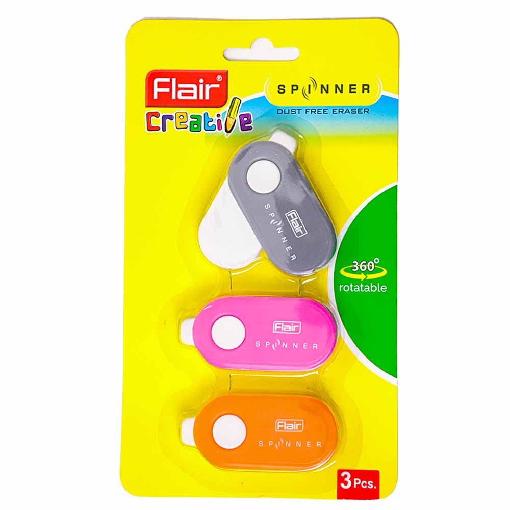 Flair Creative Spinner 360° Rotatable Erasers - Grey,Orange and Pink