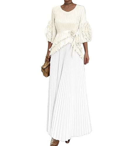 Women's 2-Piece Maxi Skirt Set, Ruffle Sleeve Top & Pleated