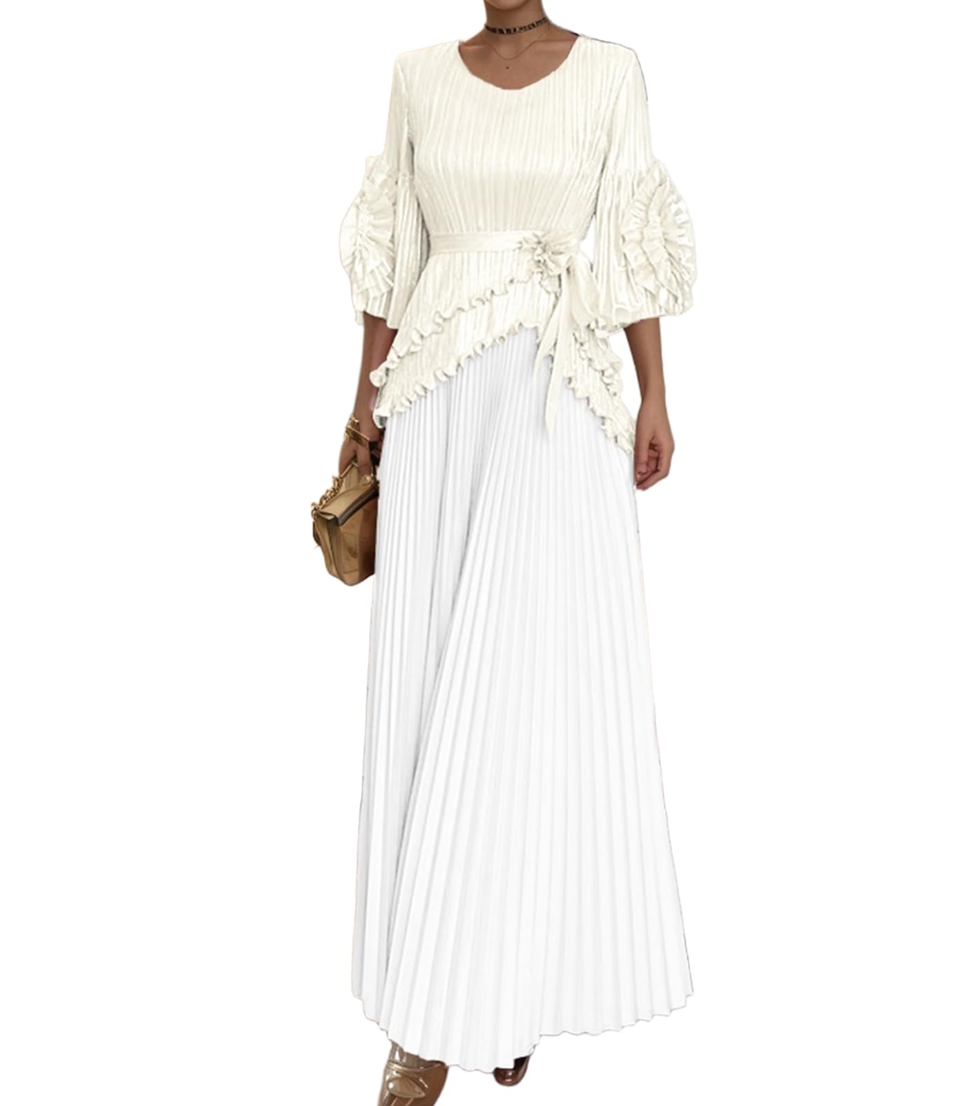 Completo Estivo da Donna a Due Pezzi: Blusa con Maniche a Balza e Gonna Lunga Pieghettata – Set Asimmetrico Pieghettato per Feste e Matrimoni