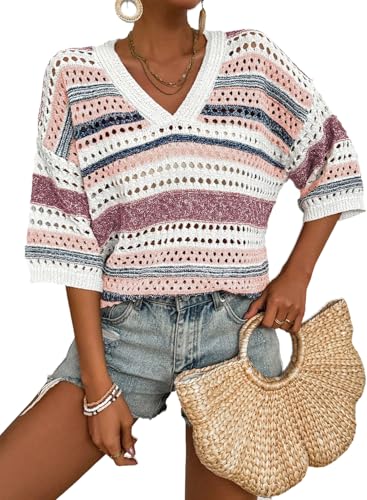 Image of Acelitt Crochet Tops for Women Summer Short Sleeve Sweater | Boho Striped Knit Top, 3 /4 Sleeve, Hollow Out Oversized Sweaters, Lightweight Blouses, Spring Fall Outfits for Beach Vacation