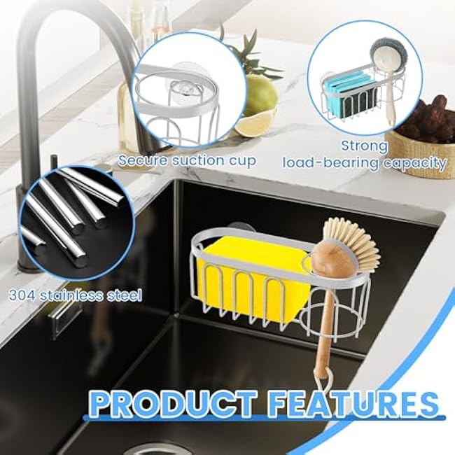 2PCS Sponge Holder for Kitchen Sink with Suction Cups, in-Sink Sponge Holder, Wall Hanging Caddy Organizer Drain Rack Tray -Dish Cloth, Brush, Scrubber-304 Stainless Steel No Drill for Bathroom