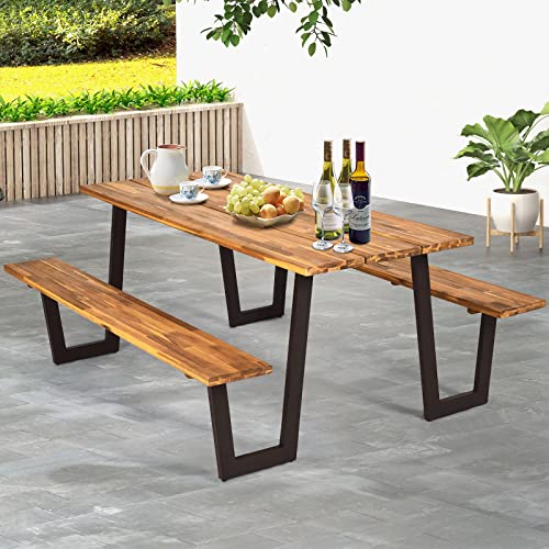 Glacer 70” Acacia Wood Picnic Table Bench Set, Wooden Outdoor Dining Table Set W/ 2’’ Umbrella Hole, Heavy Duty Picnic Beer Table Bench Set With Metal Frame, Patented (Natural & Black) #TOP5