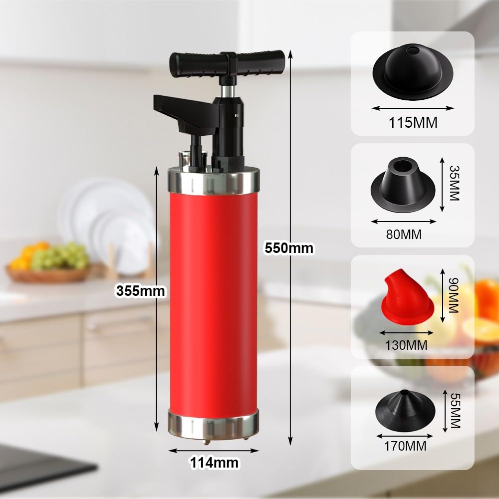 Pompa Stura Scarichi a Pressione con 4 Teste Intercambiabili, Tubo di Collegamento, Sturalavandini a Pressione con Manometro Visivo, Sturalavandino ad Aria Compressa, Rosso
