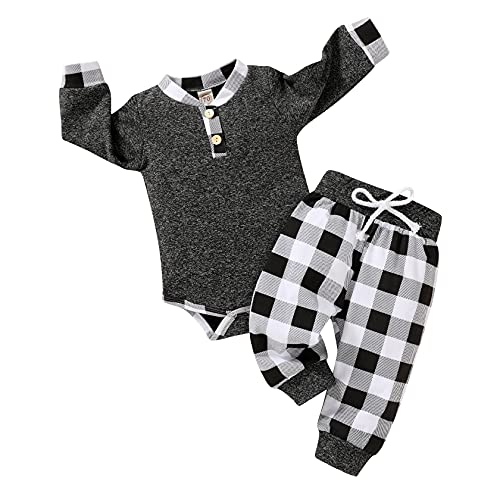Image of I'm so thankful Newborn Baby Boy Fall Clothes Infant Plaid Long Sleeve Button Romper and Pants Set Winter Outfits