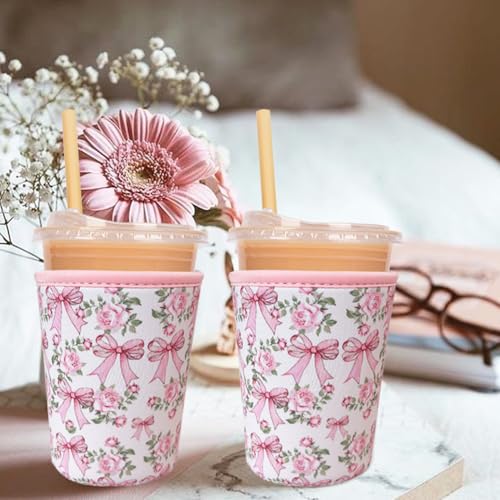 Image of Reusable Insulated Neoprene Iced Coffee Cup Sleeve, Durable Drink Sleeve for Cold Beverages, Beverage Holder for Iced Coffee, Ribbon Rose