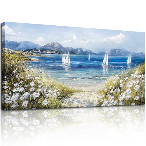 crmotu Beach Wall Art, Coastal Wall Art, Large Wall Decor, Wildflower Art Landscape Painting, Seaside Sailboat Canvas Pictures for Living Room Bedroom Dining Room Office Art Prints 30x60inch