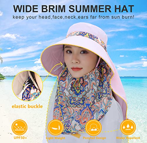 Image of Women Wide Brim Face Mask Sun Hat Detachable Neck Face Flap Ponytail UV Protection Visor Hat Garden Fishing Hiking