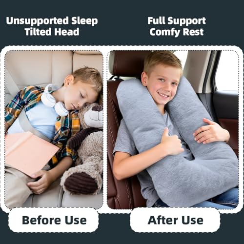 Car Travel Pillow for Adults Kids, Comfortable Sleeping Pillow for Road Trips, Soft Support Cushion for Head and Body in Back Seat, Sleep Aid for Long Car Journeys, Gray by Elantrip - Used condition - Image 3