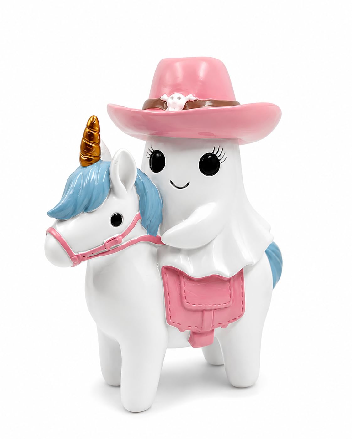 Halloween Ghost Unicorn Figurine, Resin Ghost Riding Unicorn Statue with Pink Hat, Cute Spooky Tabletop Decor for Shelf, Mantel, Tiered Tray, Desk, Home Decorations Pastel Gift (Pink Ghost Rider)