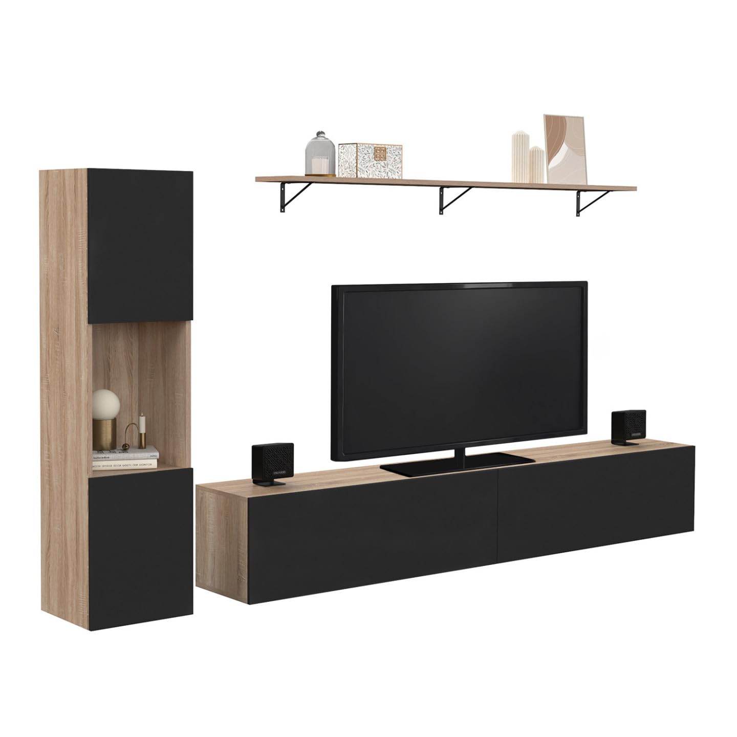 IDMarket - Mueble de TV de 180 cm con columna y estante ELIO en madera y negro
