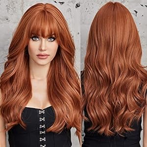 EMMOR Orange Brown Long Wigs for Women, Natural Wavy wig with Bangs Heat Resistant Fiber Synthetic Wigs for Daily Party(Strawberry blonde)