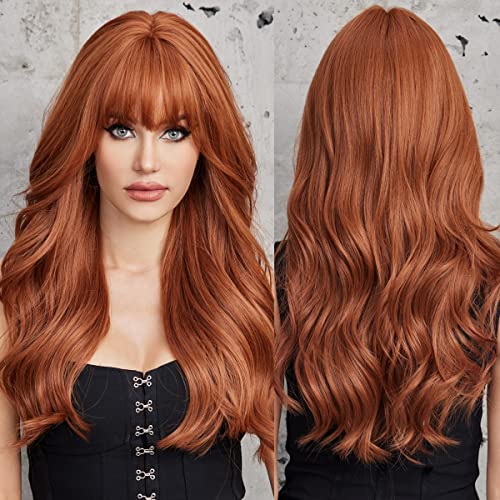 EMMOR Orange Brown Long Wigs for Women, Natural Wavy wig with Bangs Heat Resistant Fiber Synthetic Wigs for Daily Party（Strawberry blonde）