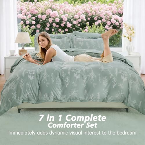 Image of MUXHOMO Oversized King Comforter Set, Sage Green Elegant Floral Print Bed in a Bag 7 Pieces, Soft & Breathable Reversible Botanical Pattern Bedding Set with Comforter, Sheets, Pillowcases & Shams