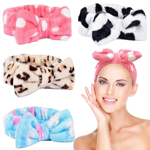 KEYRI 4 Pièces Bandeau Maquillage Bowknot Bandeau Cheveux Femme Maquillage Bandeau de Spa Serre-Tête Maquillages Élastique Bandeau Soin Visage pour Spa...