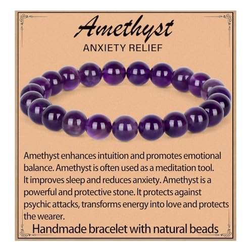 LPBeads Handmade Natural Gemstone Stretch Elastic 8m Amethyst Bracelet Healing Crystal Round Stone...