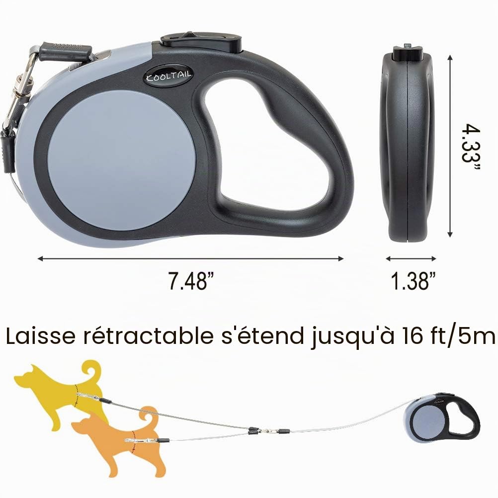 Laisse double rétractable pour chien – Laisse robuste à double tête extensible de 4,9 m pour chiens de petite et moyenne taille, promenez 2 chiens jusqu'à 50 kg
