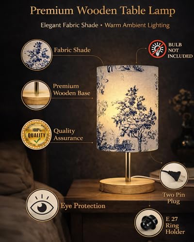 Image of Homesake Pine Table Lamp-Wooden Bedside Lamp Simple Bedroom Light Linen Shade Mini Desk Lamp Nightstand Lamps for Bedroom, Living Room, Gift, (English County)