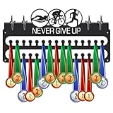SUPERDANT Triathlon Medal Hanger Swim Run Bike Medals Holder Display Never Give Up Personalised Black Award Iron Rack Sports Metal Wall Hangers 2 Rows with 30 Hooks Gifts for Athletes