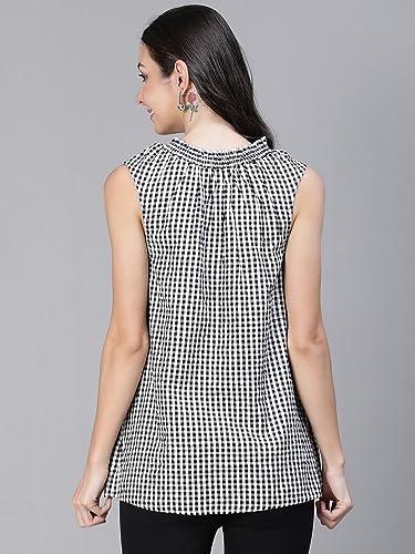 Image of oxolloxo Women Check Print Sleevless Tie Neck Cotton Top