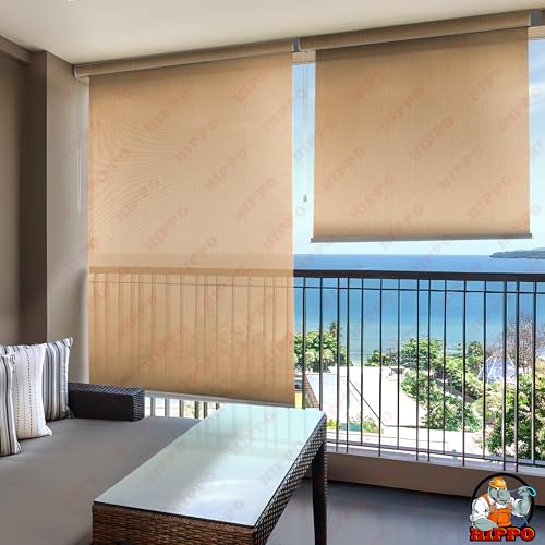 Image of HIPPO 180 GSM HDPE Outdoor Balcony Roller Blind with UV & Dust Protection- Smooth Corded Roll-Up & Down System, Light Filtering Shade for Balcony & Garden Use (Sand-Dune, 4FTX6FT)