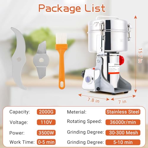 Image of BI-DTOOL Electric Grain Mill Grinder 2000g Stainless Steel Pulverizer 36000r /min High-speed Grain Mill 3500W Dry Material Grinding Machine 270 swingable Superfine powder for Home and Commercial