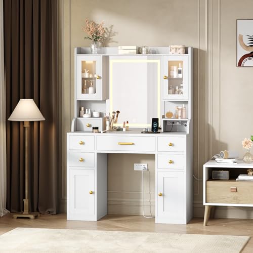 Garvee White Vanity Desk with Charging Station and LED Mirror, Large White and Gold Makeup Dressing Table, 3 Light Modes, 6 Drawers, Cabinet and Shelv