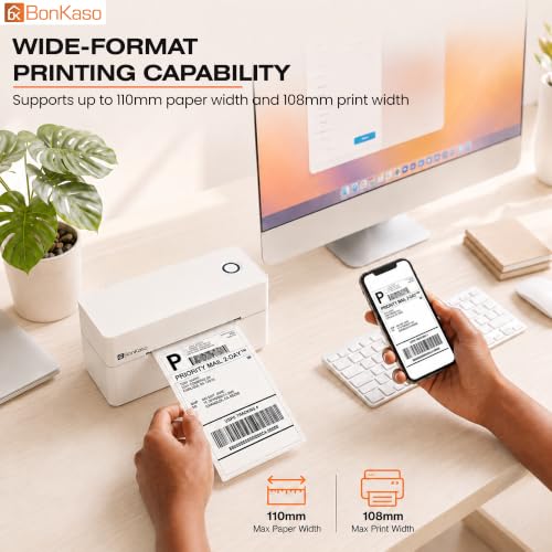 Image of BonKaso BKT01 Thermal Label Printer 203DPI Direct Thermal Shipping Bill Printer 160mm /s High Speed USB Bluetooth WiFi Compatible for Barcode Label Receipt Tag Paper Small Business White