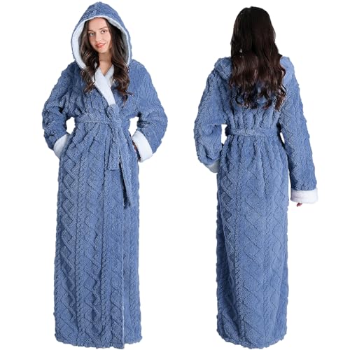 Oksun Womens Long Fleece Robe: Soft Fluffy Jacquard Warm Hooded Bathrobe