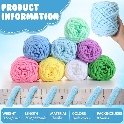 Image of Buryeah 8 Pack Chunky Chenille Yarn for Crocheting Soft Thick Fluffy Yarn for Hand Knitting Bulky Velvet Blanket Plush for Weaving DIY Crafts Each 3.5 oz 55 Yards (Fresh Colors)