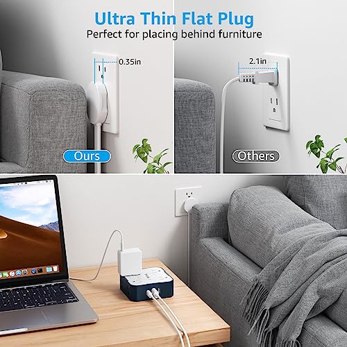 Extensión con Protector Eléctrico WEIMIL, 5 pies, 8 tomas, 3 puertos USB (1 tipo C), enchufe plano para pared miniatura 3