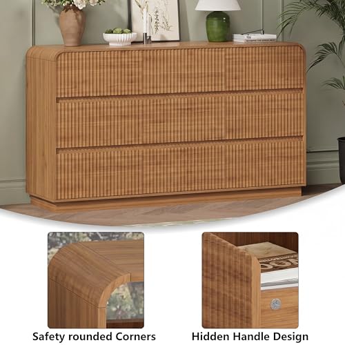 Image of Walnut Dresser Fluted 9 Drawers Dresser for Bedroom, 59 inch Wide Wood Chest of Drawers with Hidden Handles & Rounded Corners, Modern TV Stand Storage Cabinet for Living Room, Hallway, Entryway
